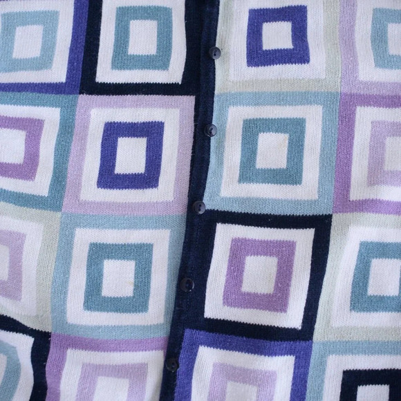 Vintage Talbots Navy Purple Geometric Squares Button Up Cardigan Sweater L - Picture 6 of 10